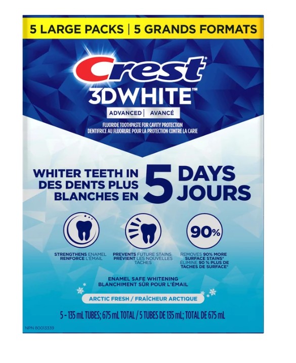 Crest 3D White Advanced, Teeth Whitening Toothpaste Arctic Fresh, 5 x 135 mL
