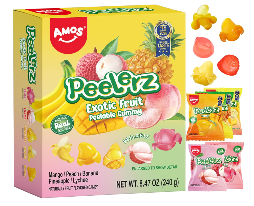Amos Peelerz Exotic Fruit Gummy Candy, Variety Pack Candy Individually Wrapped Pack 8.47 oz