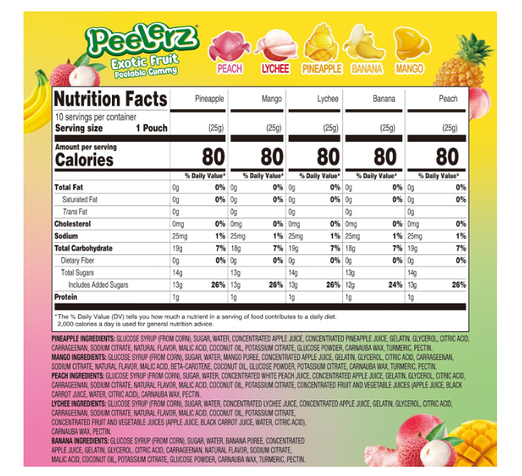 Amos Peelerz Exotic Fruit Gummy Candy, Variety Pack Candy Individually Wrapped Pack 8.47 oz