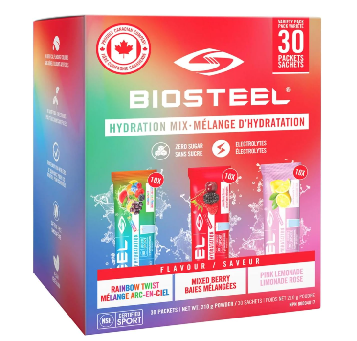 BIOSTEEL Zero Sugar Sports Hydration Mix Variety - Mixed Berry, Rainbow Twist & Pink Lemonade Flavours, 30 Packets