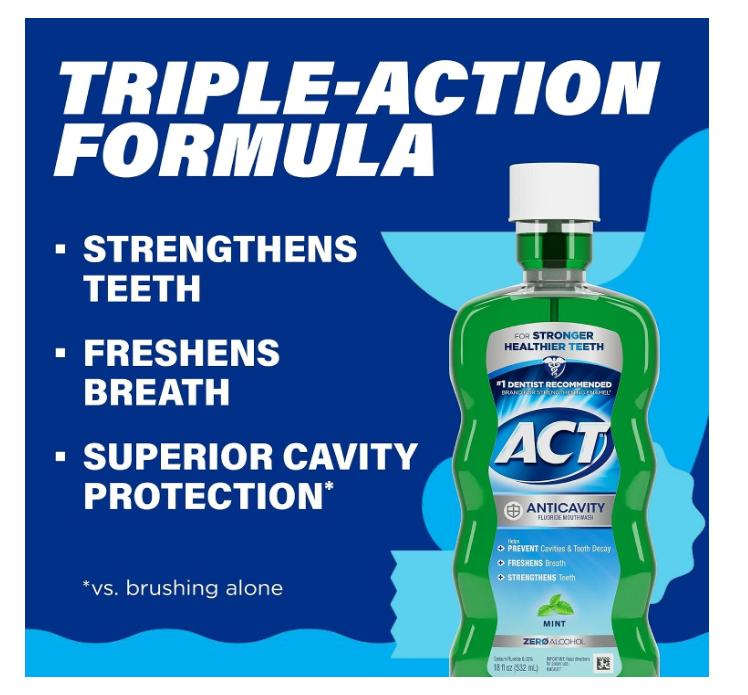 Act Anticavity Fluoride Mouthwash, Mint, Alcohol-Free, 18-Ounce Bottle