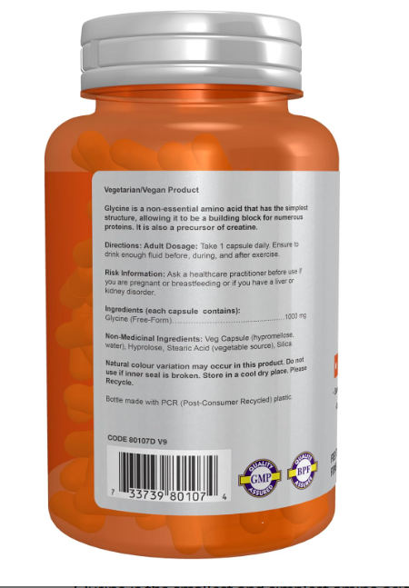 NOW Sports Glycine 1000 mg Vegetable Capsules, 100 Count